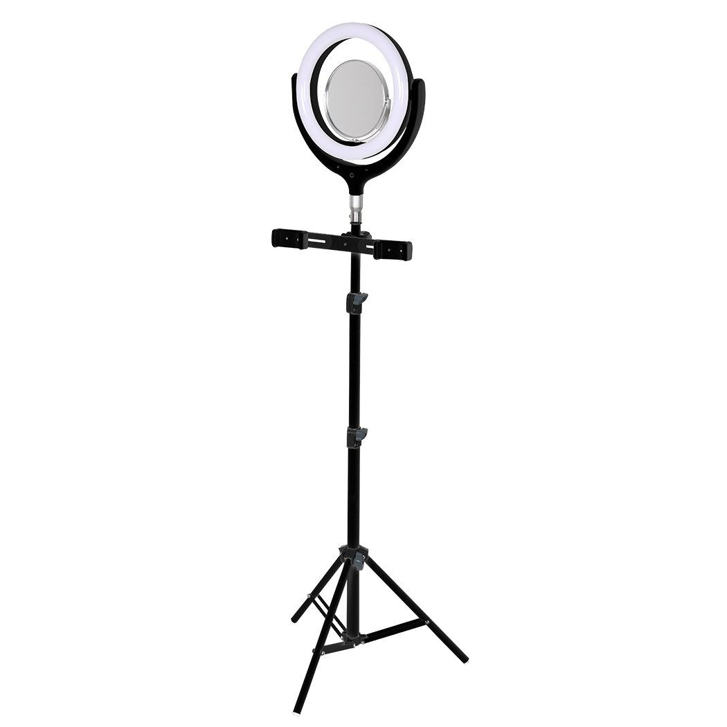 LED Ring Light with Tripod Stand and Phone Holder, showcasing adjustable brightness and color temperature features.